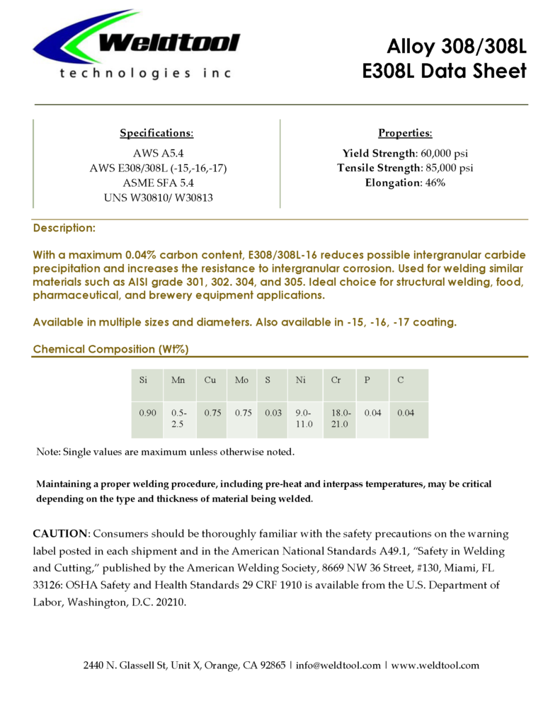 E308/308L stainless steel data sheet