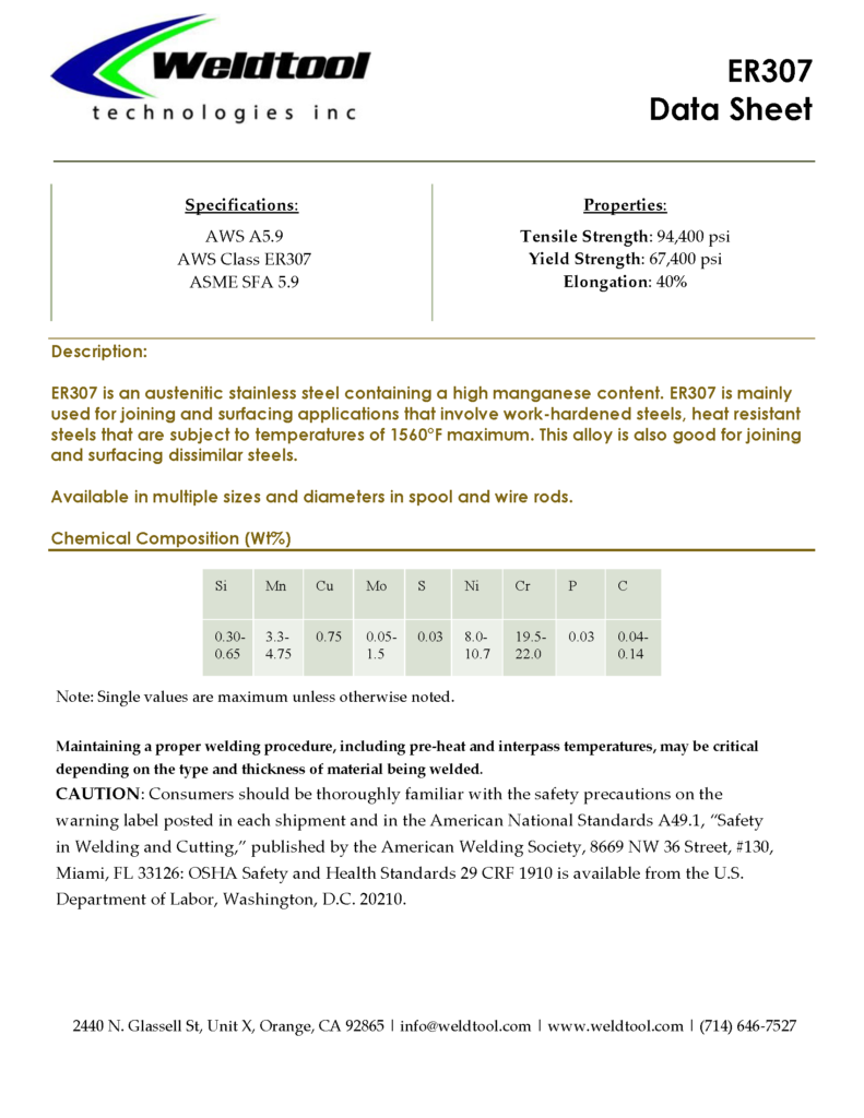 ER307 stainless steel data sheet