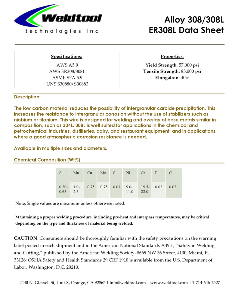 ER308L Stainless Steel Data Sheet