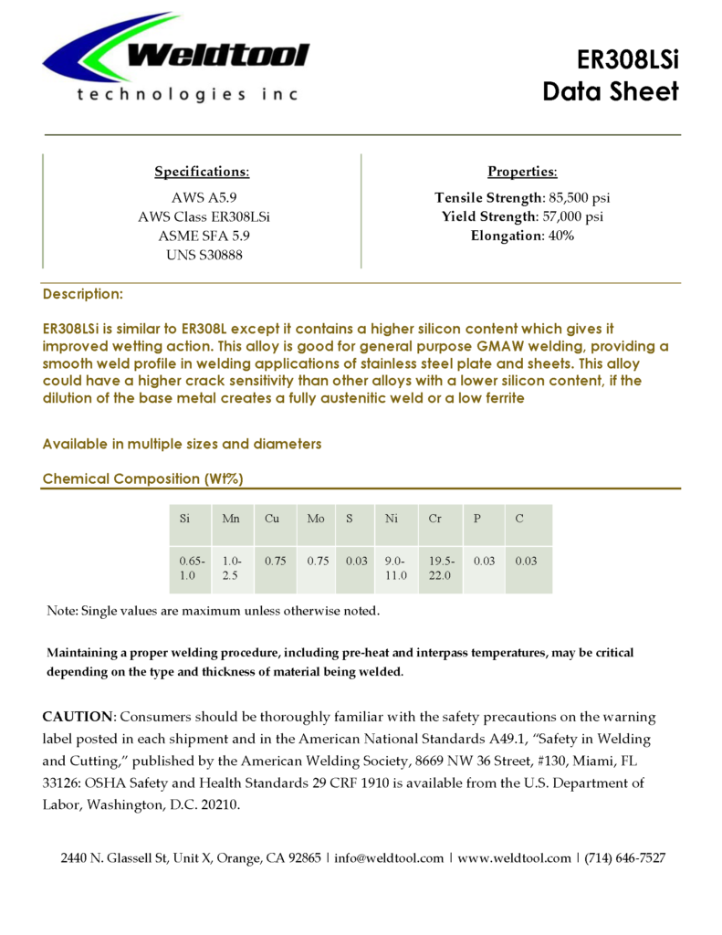 ER308LSi Stainless Steel Data sheet