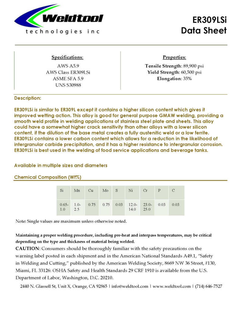 ER309LSi Stainless Steel data sheet