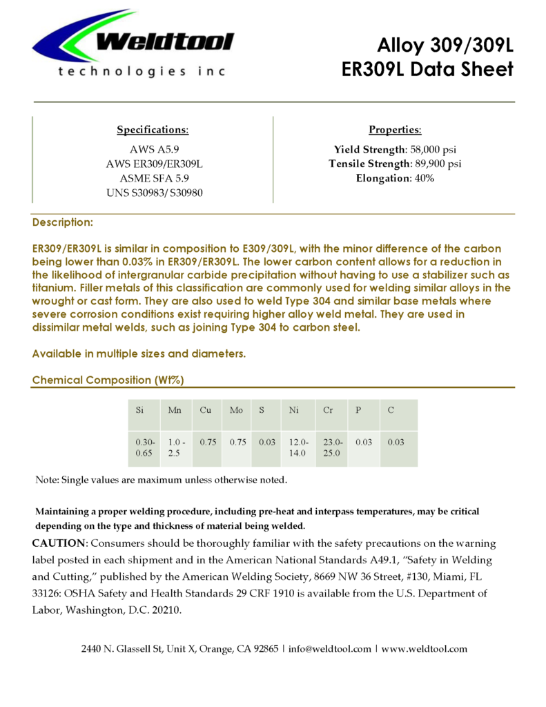 ER309/ER309L Stainless steel data sheet