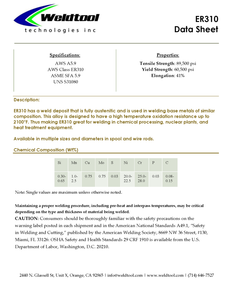 ER310 stainless steel data sheet