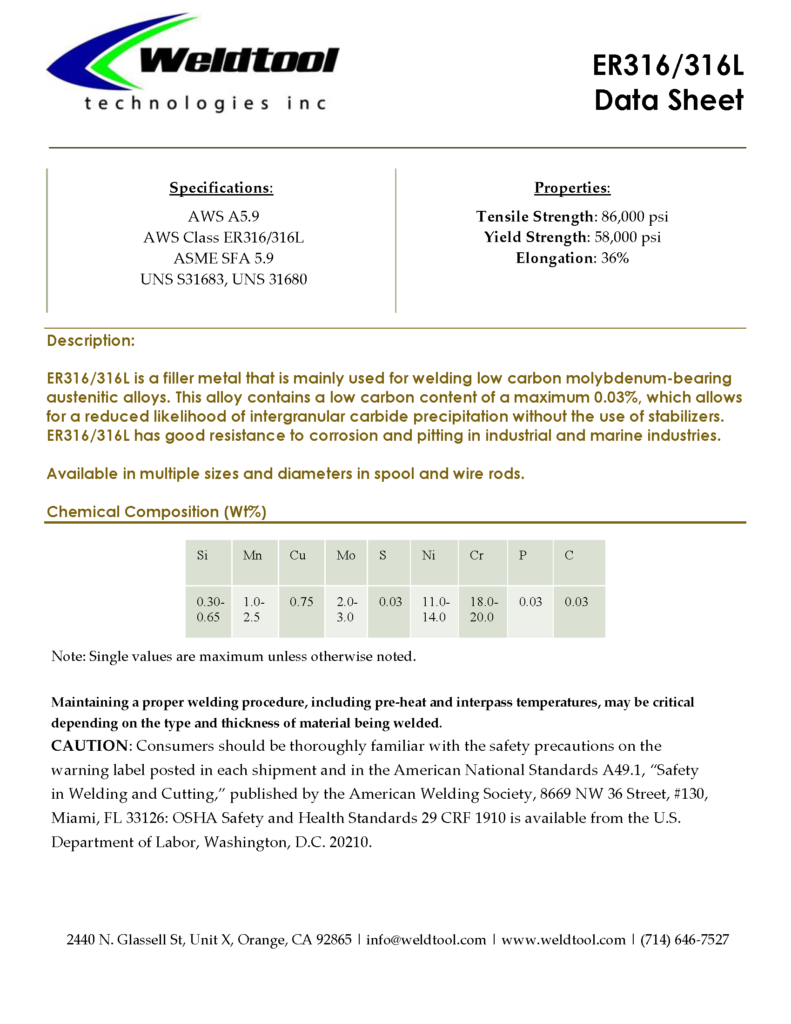 ER316/316L stainless steel data sheet