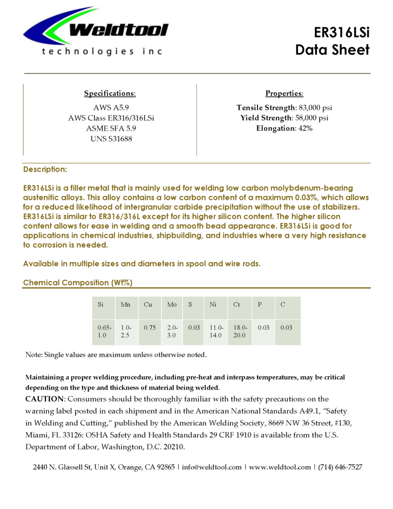 ER316Lsi Stainless steel data sheet