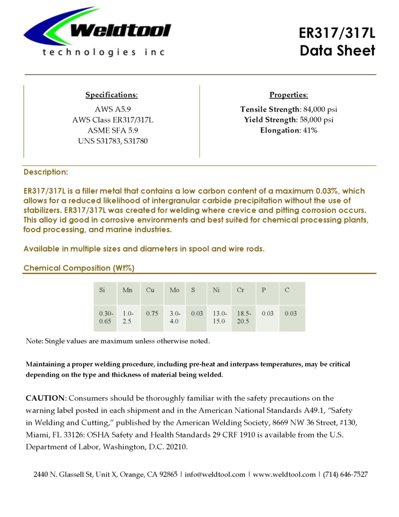 ER317/317L stainless steel data sheet