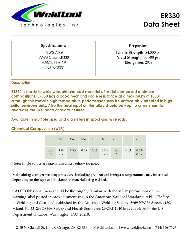 ER330 stainless steel data sheet