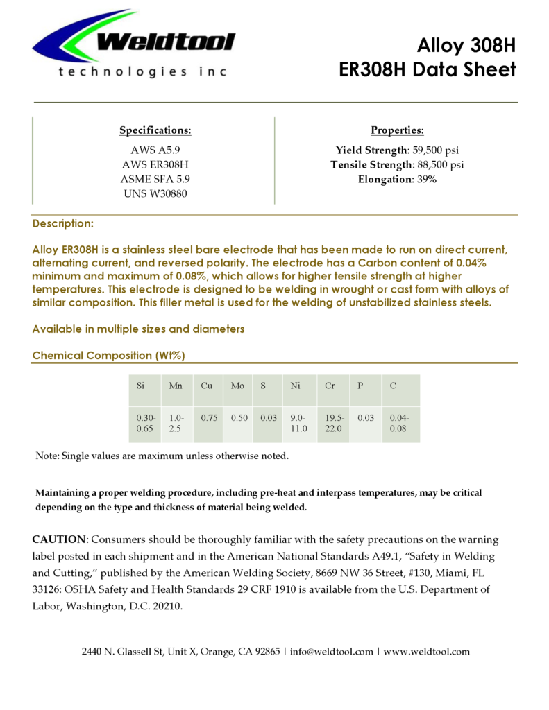 ER308H stainless steel data sheet