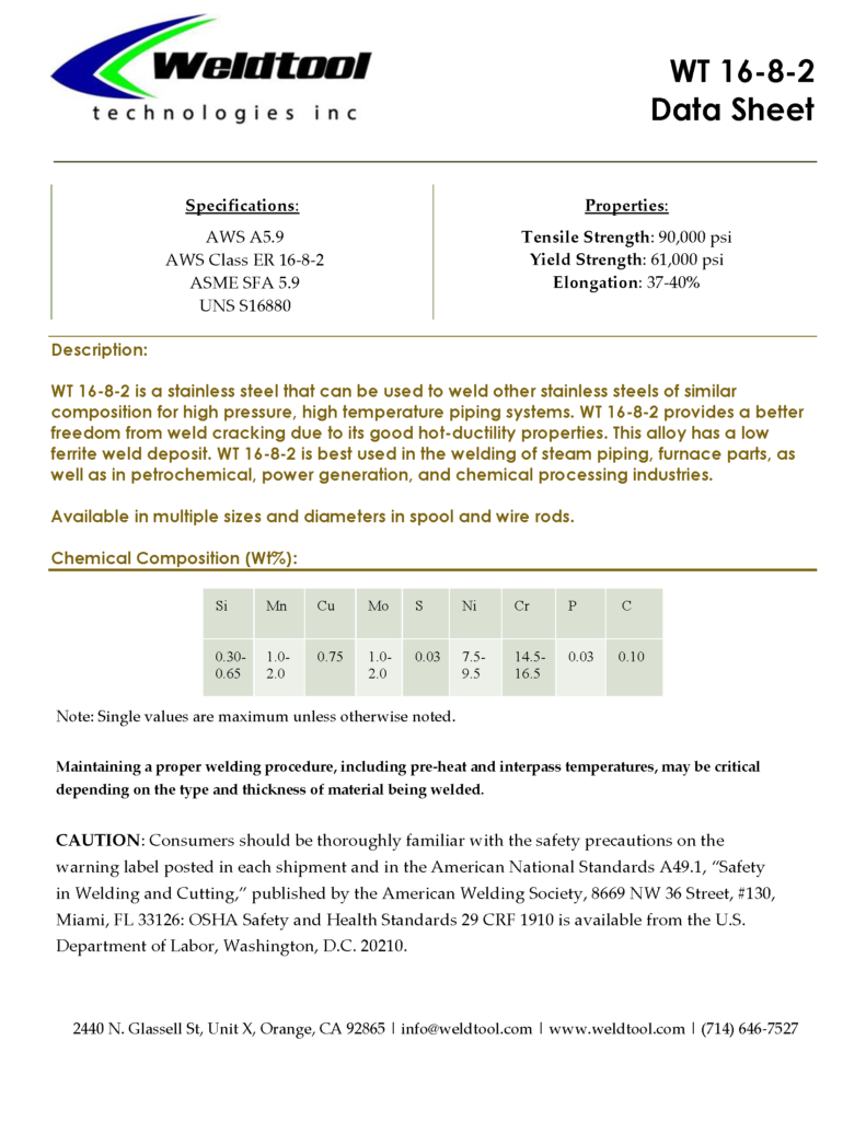 ER 16-8-2 Stainless Steel Data sheet