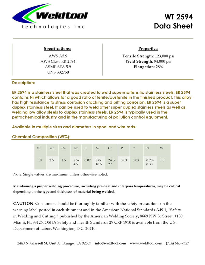 WT 2594 Stainless Steel Data sheet