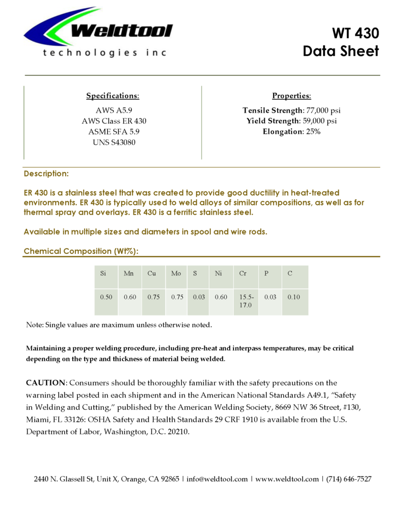 ER 430 Stainless Steel Data sheet