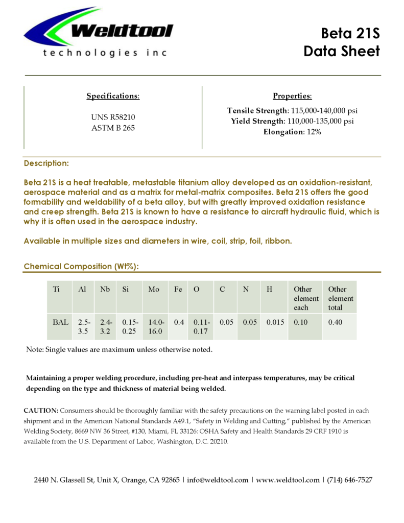 Beta 21s titanium data sheet