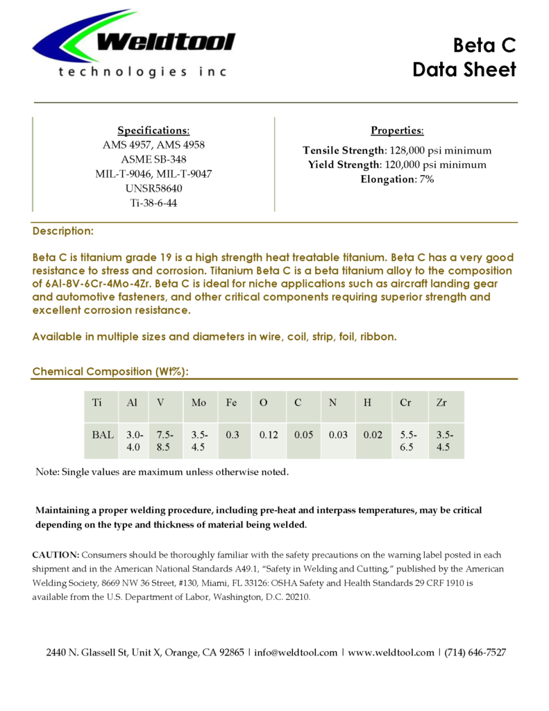 Beta C titanium grade 19 data sheet