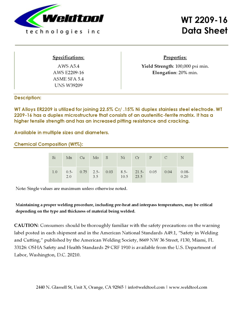 WT 2209-16 Stainless Electrode data sheet