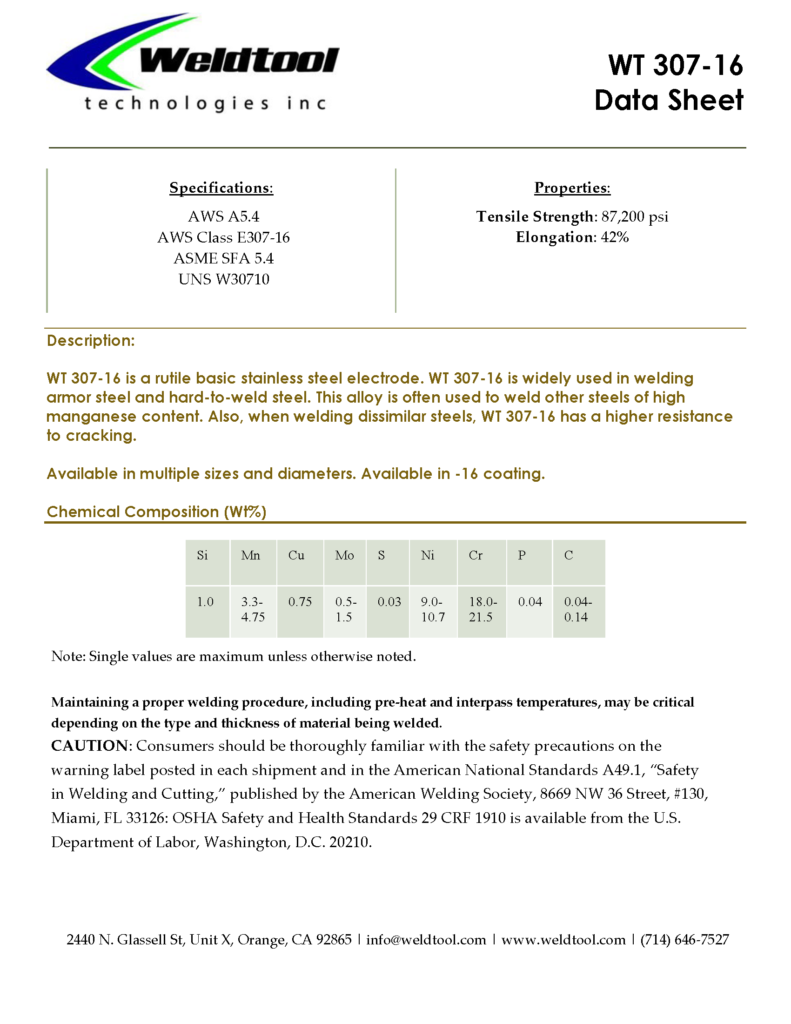 WT 307-16 stainless steel electrode data sheet