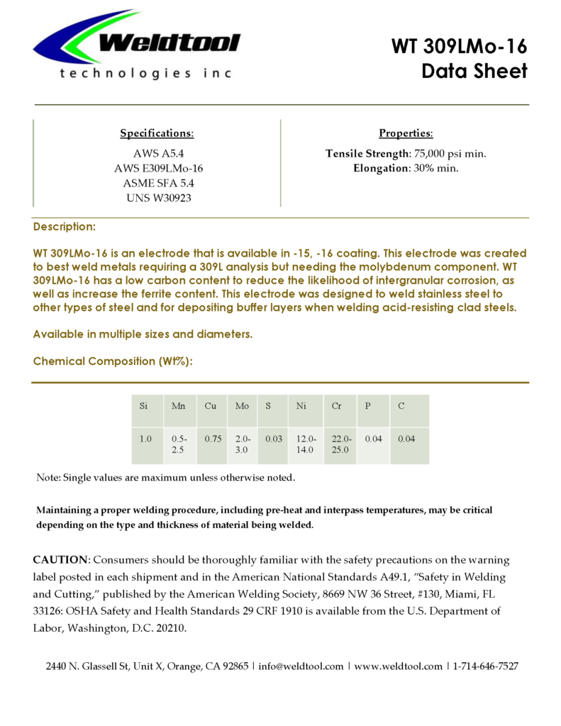 309LMo-16 stainless steel electrode data sheet