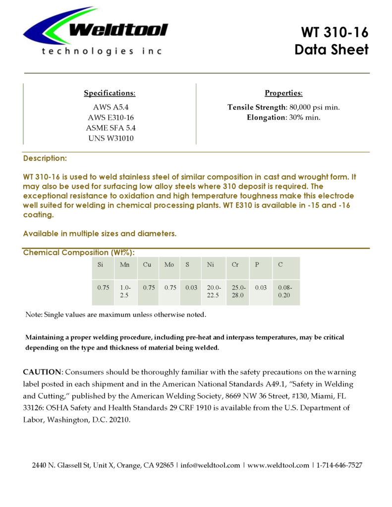 E310-16 stainless steel electrode data sheet