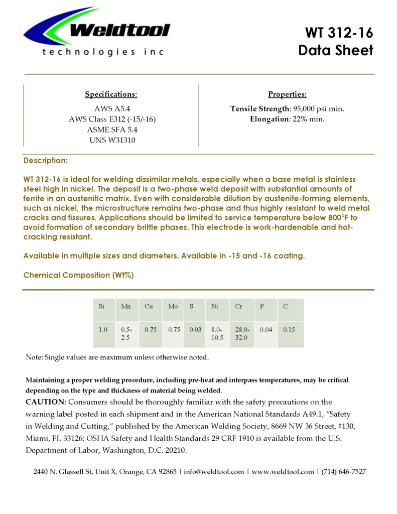 WT 312-16 stainless steel electrode data sheet