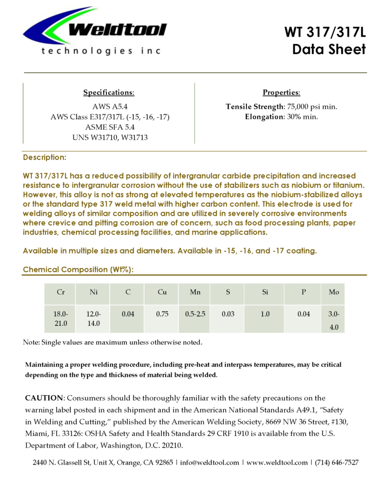 Wt 317/317L stainless steel electrode data sheet