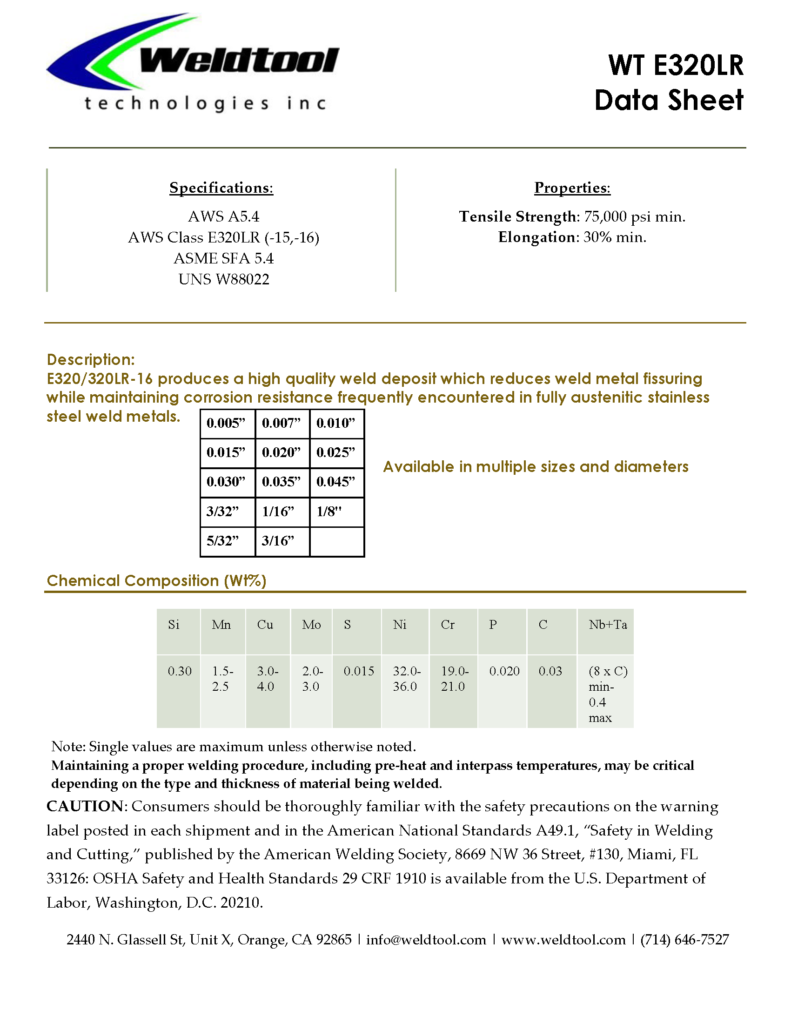 WT E320LR stainless steel data sheet