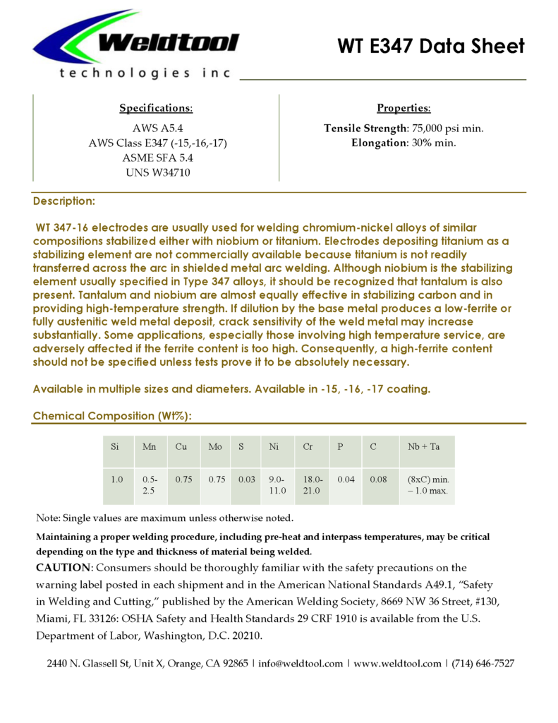 WT E347 Stainless Steel Data sheet