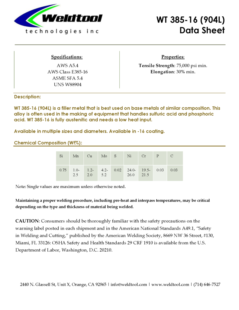 Wt 385-16 stainless steel data sheet