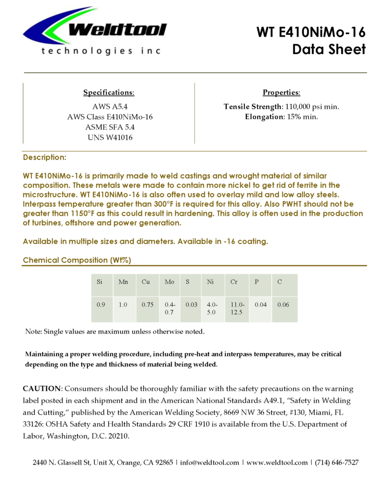 WT 410NiMo-16 stainless steel electrode data sheet