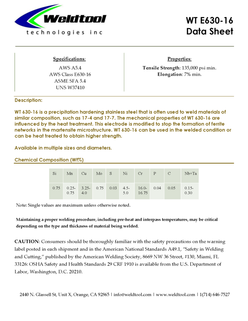 WT 630-16 stainless electrode data sheet