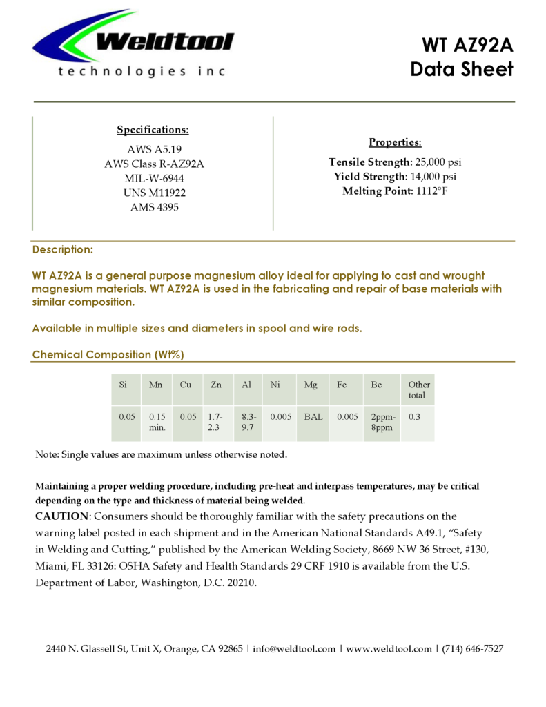 AZ92A magnesium data sheet