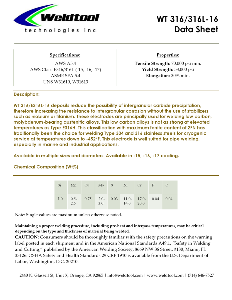 WT 316/316L-16 Stainless Steel electrode data sheet