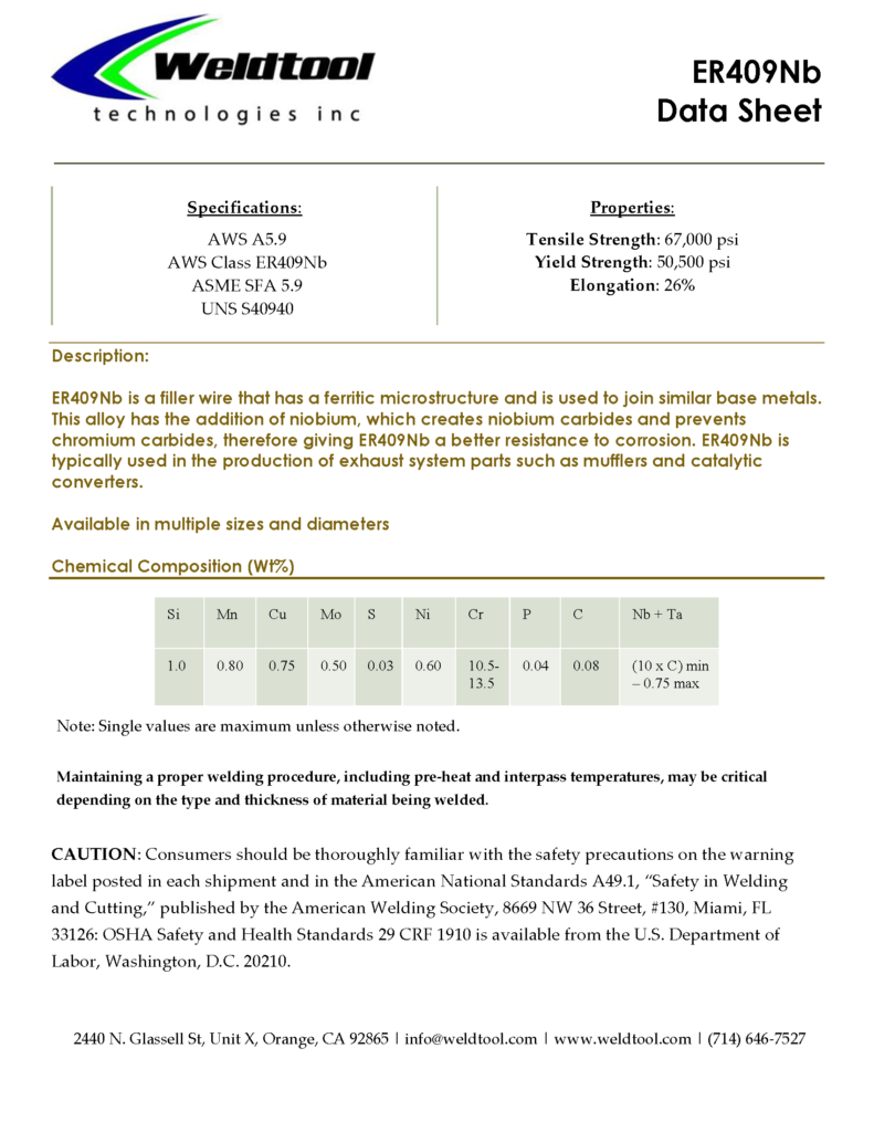 ER409Nb stainless steel data sheet 