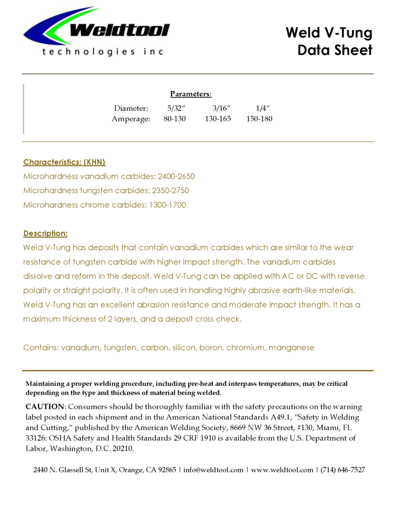 weld v-tung hardfacing electrode data sheet