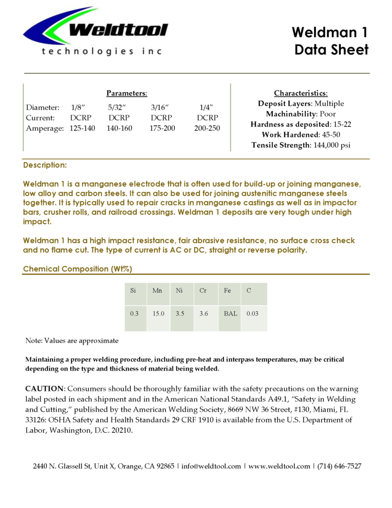 Weldman 1 Hardfacing electrode data sheet