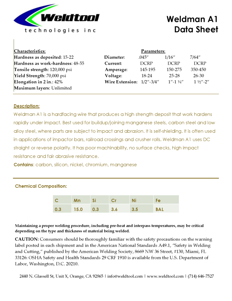 Weldman A1 hardfacing welding wire data sheet