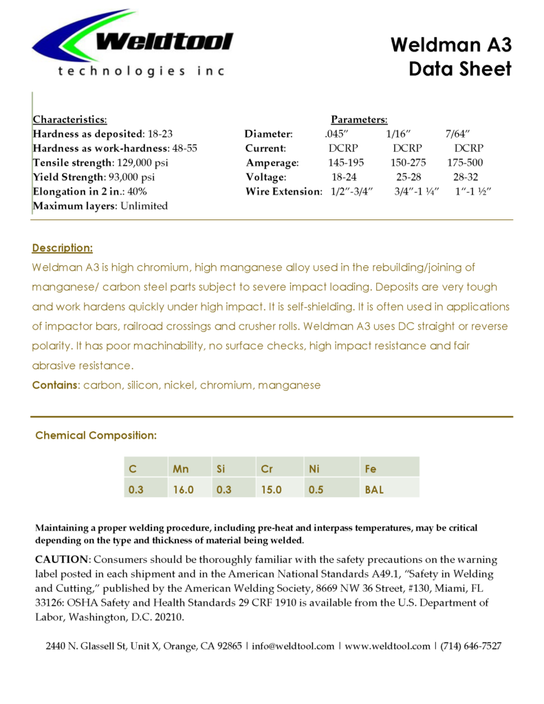 Weldman A3 hardfacing wire data sheet