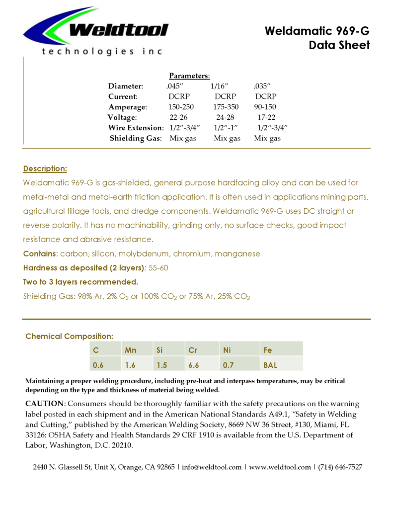 Weldamatic 969-G hardfacing wire data sheet