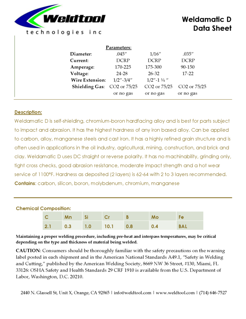 weldamatic d hardfacing wire data sheet