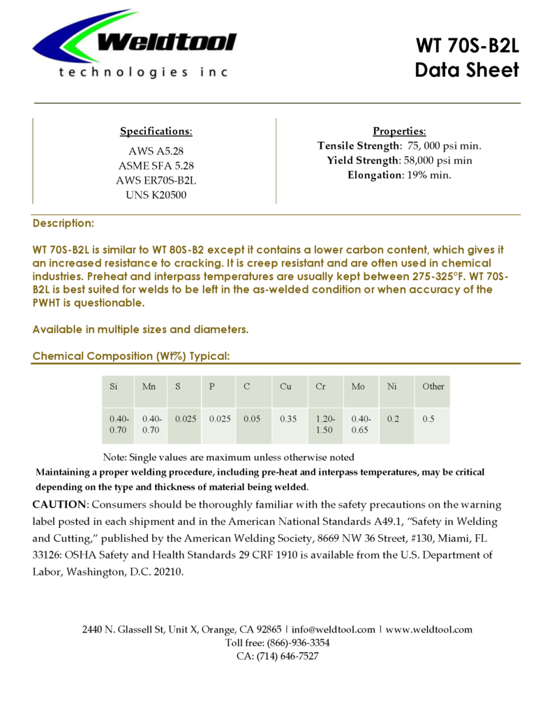 WT 70S-B2L low alloy steel data sheet