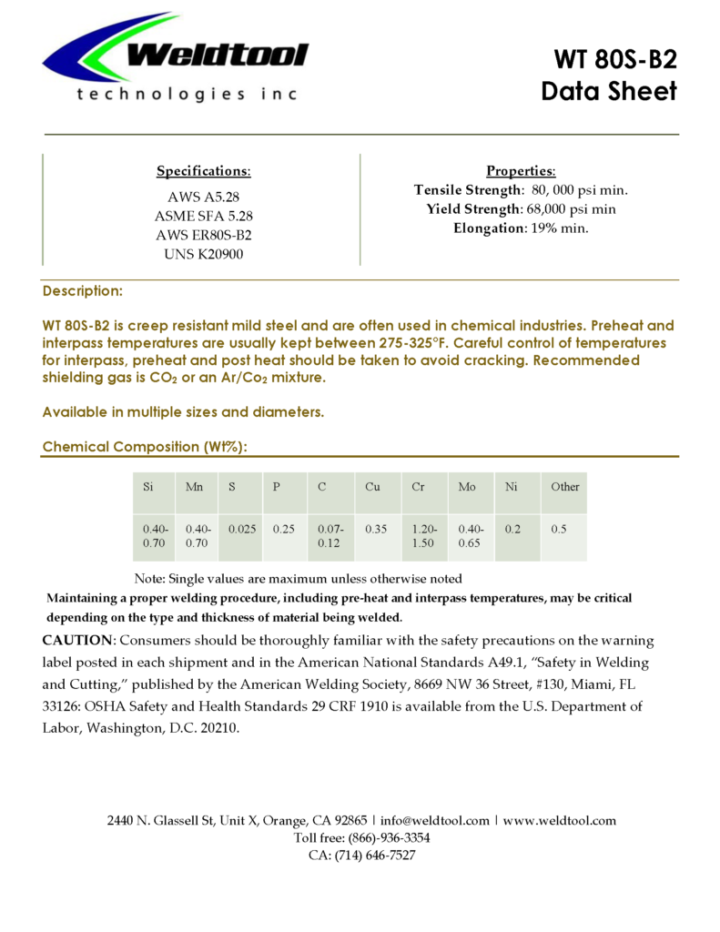 WT 80S-B2 low alloy data sheet 