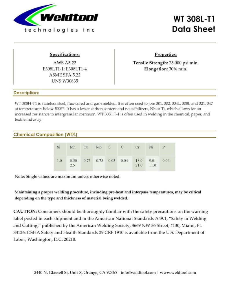 Wt 308Lt-1 stainless steel flux-cored wire