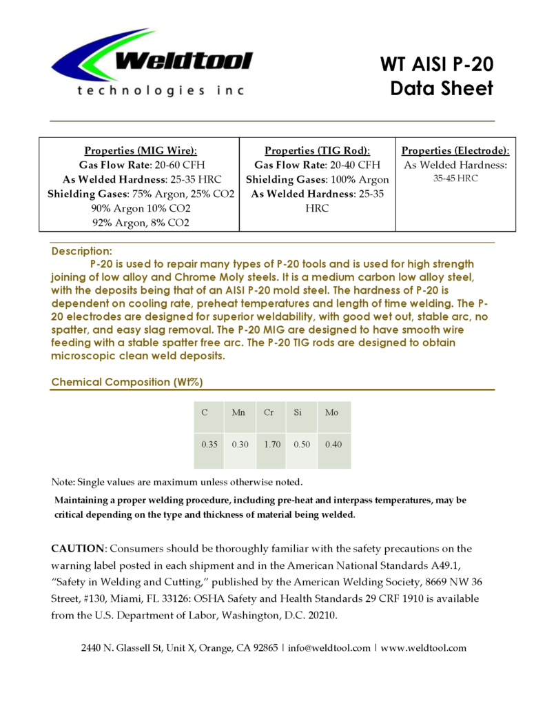 WT P-20 Tool Steel data sheet