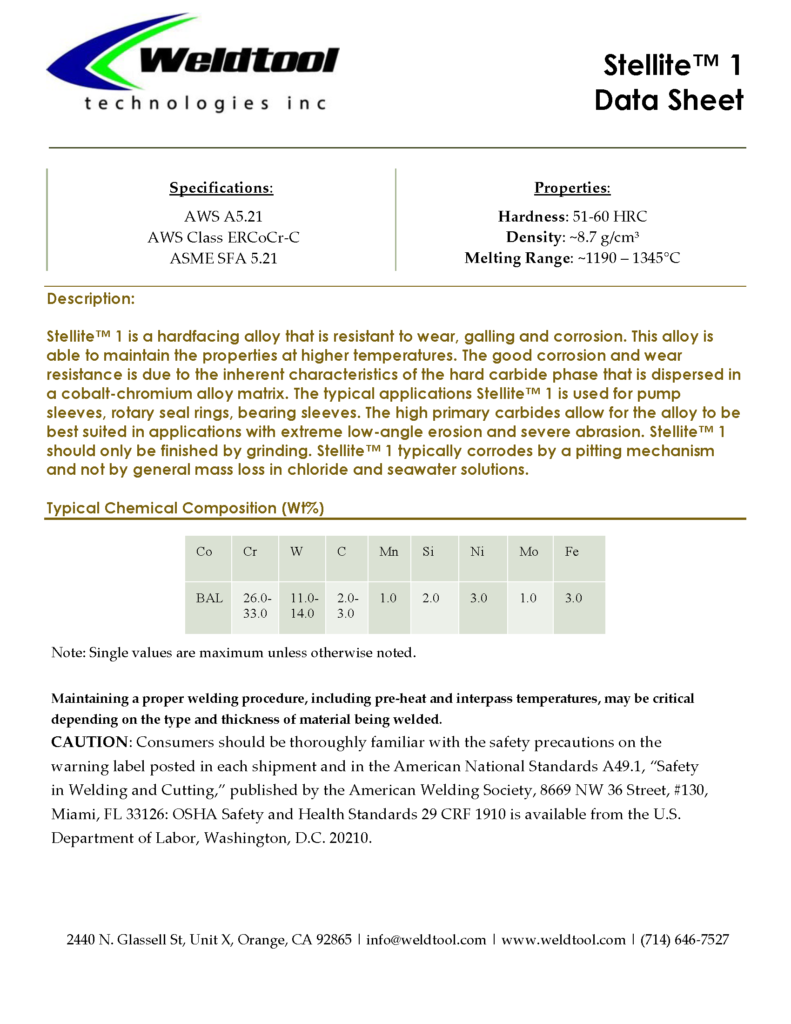 Stellite™ 1 cobalt 1 data sheet