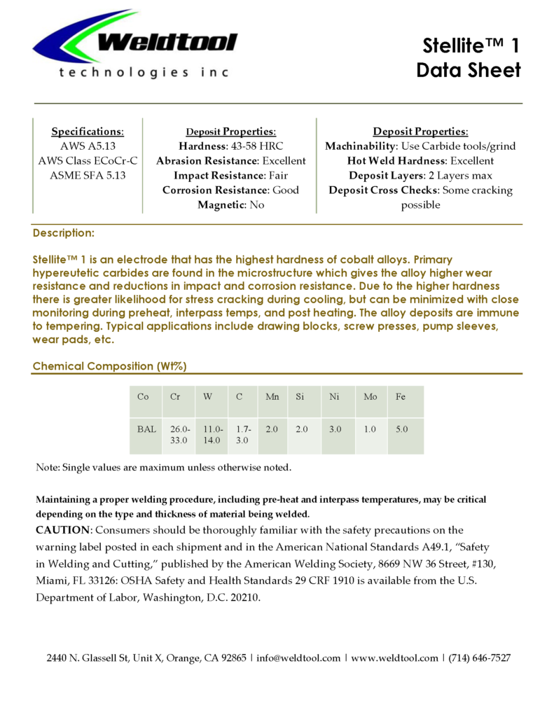 Stellite™ 1 cobalt electrode data sheet