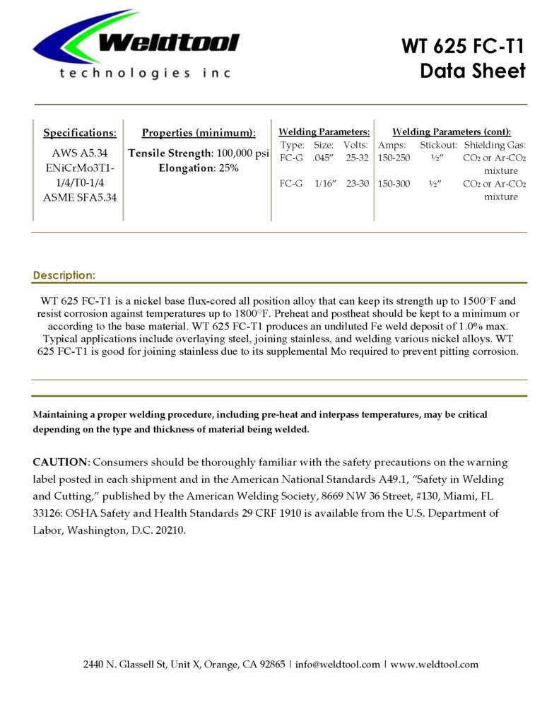 WT 625 fc-t1 nickel flux cored data sheet