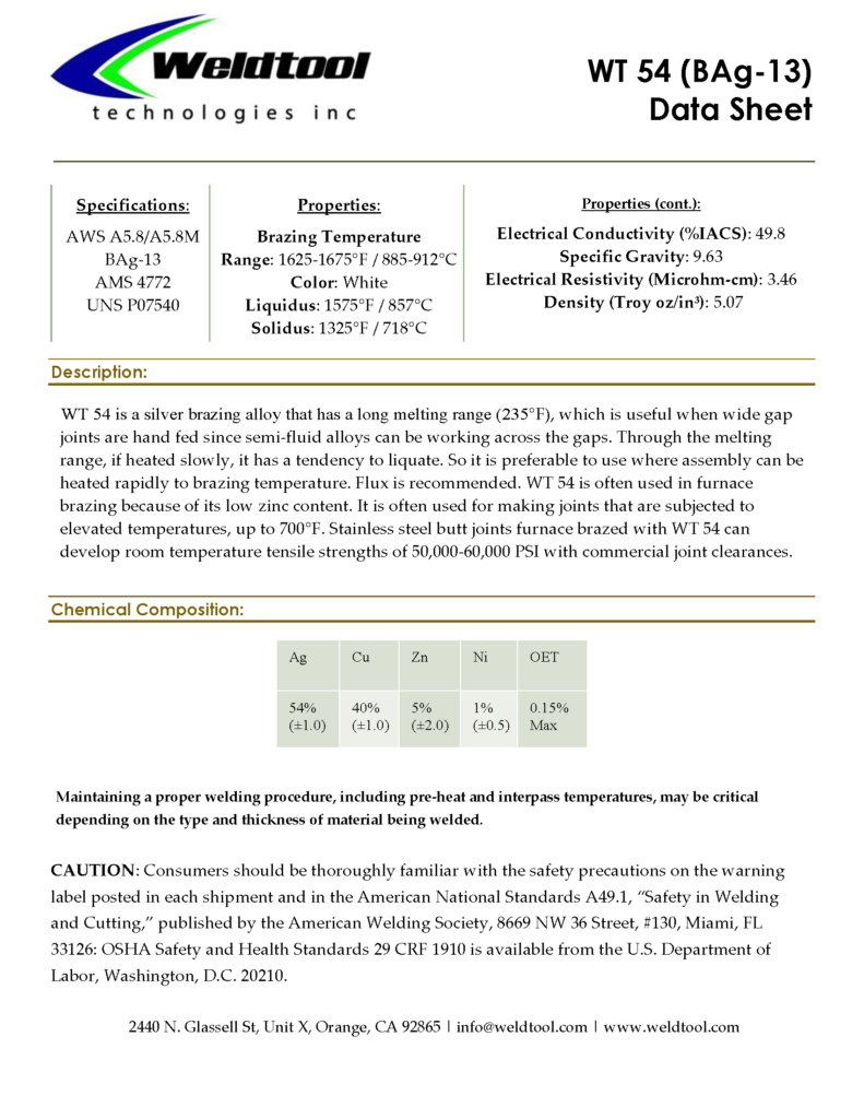 BAg-13 WT 54 silver brazing alloy data sheet