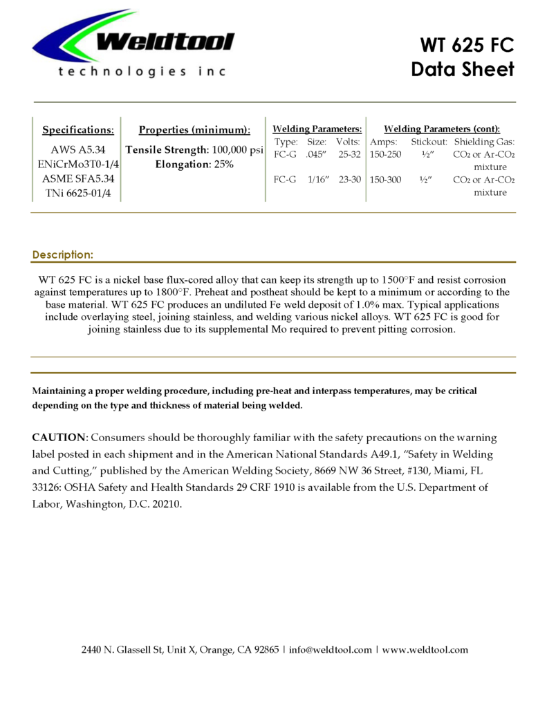 WT 625 FC Nickel Flux Cored Data sheet