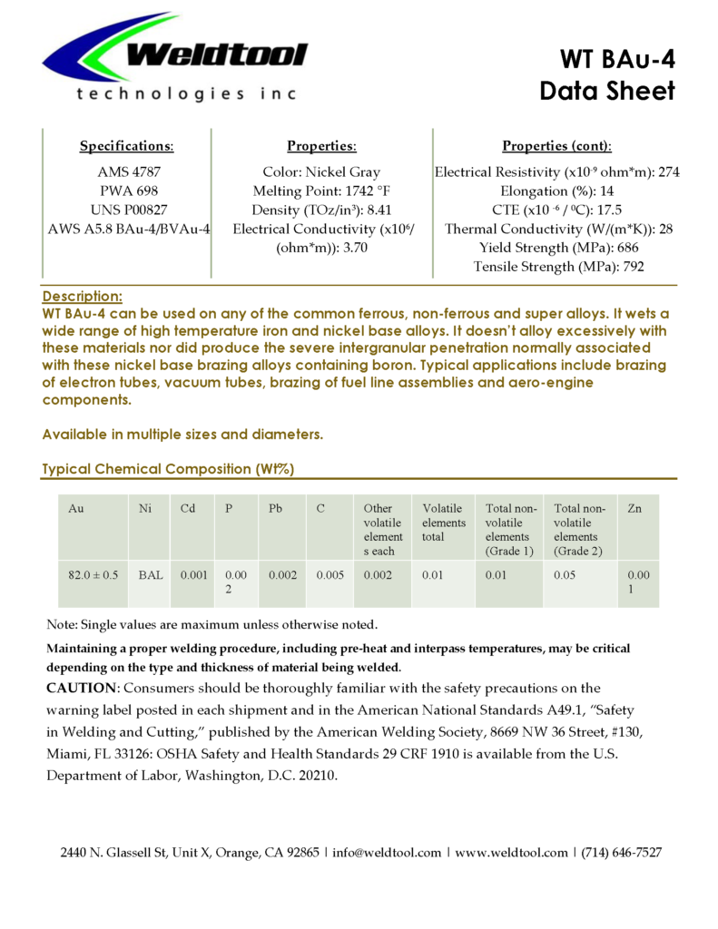 WT BAu-4 gold brazing filler data sheet